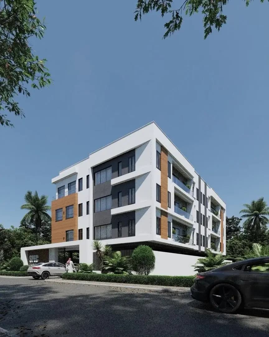 Architectural visualisation of SPEC Apartments, angled view of the four-storey building