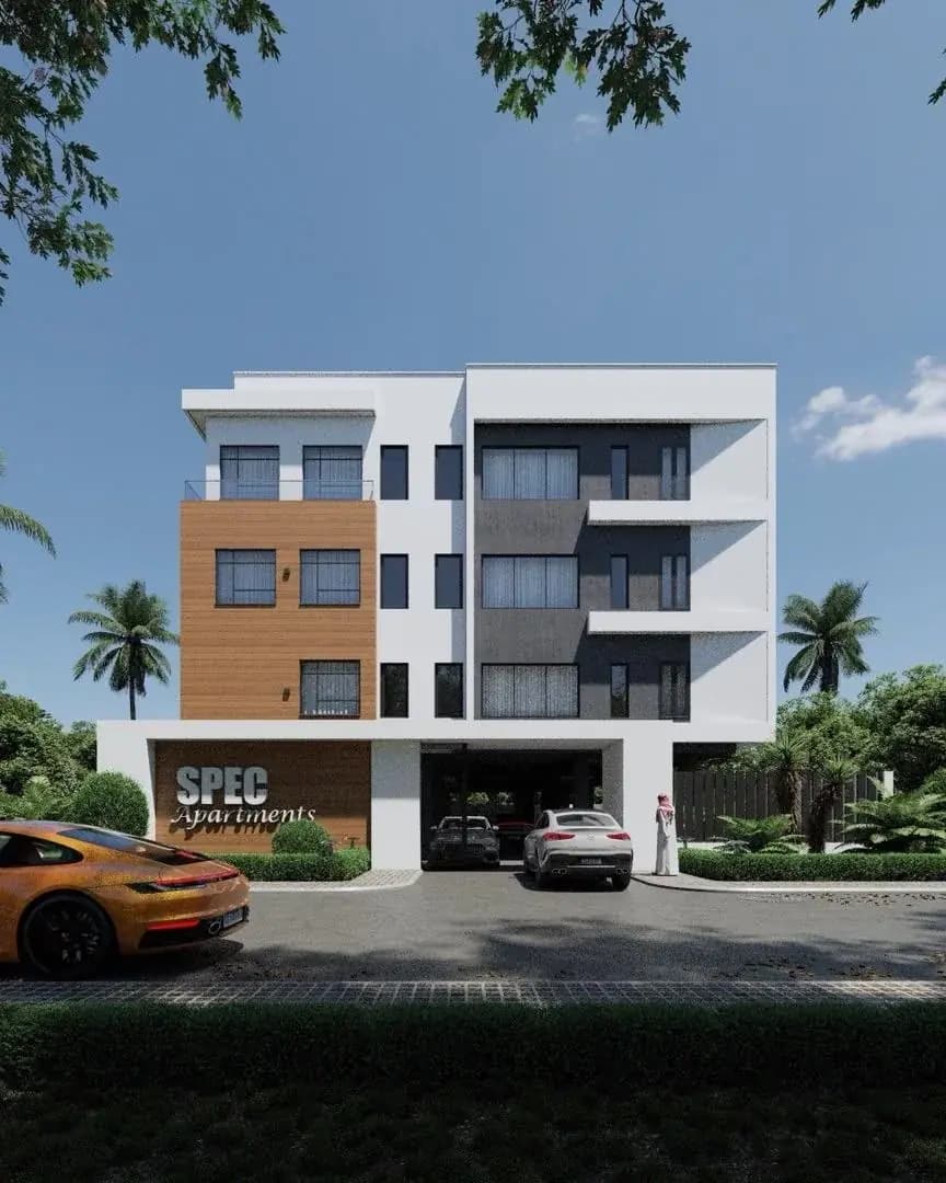 Architectural visualisation — Architectural visualisation of SPEC Apartments front elevation with signage
